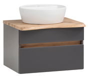 Moderner Waschtisch mit weißem Aufsatzbecken und Holzplatte, seitliche Perspektive