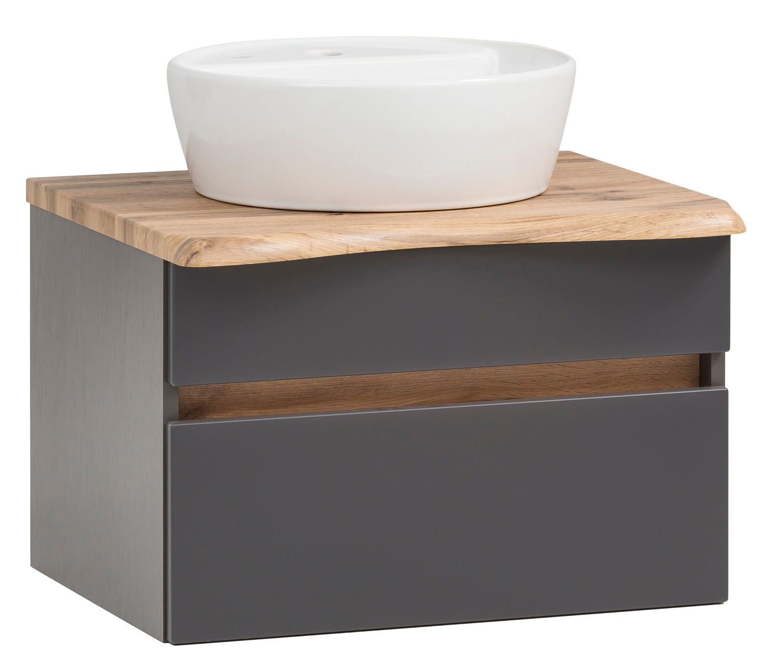 Moderner Waschtisch mit weißem Aufsatzbecken und Holzplatte, seitliche Perspektive