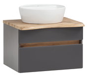 Moderner Waschtisch mit weißem Aufsatzbecken und Holzplatte, seitliche Perspektive