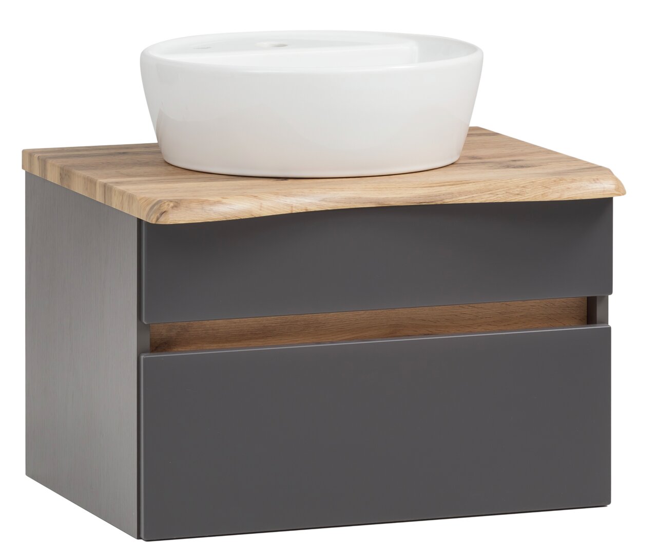 XORA Waschtisch-Set VILLACH Moderner Waschtisch mit weißem Aufsatzbecken und Holzplatte, seitliche Perspektive