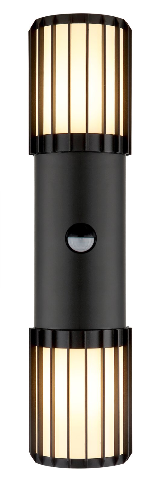 Schwarze zylindrische LED-Außenwandleuchte mit warmweißem Licht nach oben und unten, mittig integriertem Bewegungsmelder, frontale Produktansicht