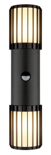 Schwarze zylindrische LED-Außenwandleuchte mit warmweißem Licht nach oben und unten, mittig integriertem Bewegungsmelder, frontale Produktansicht