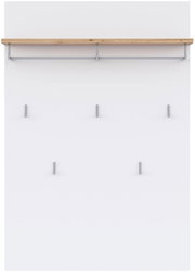 Weiße Wandgarderobe mit Ablage aus hellem Holz und grauer Metallhalterung, fünf Haken, Frontansicht