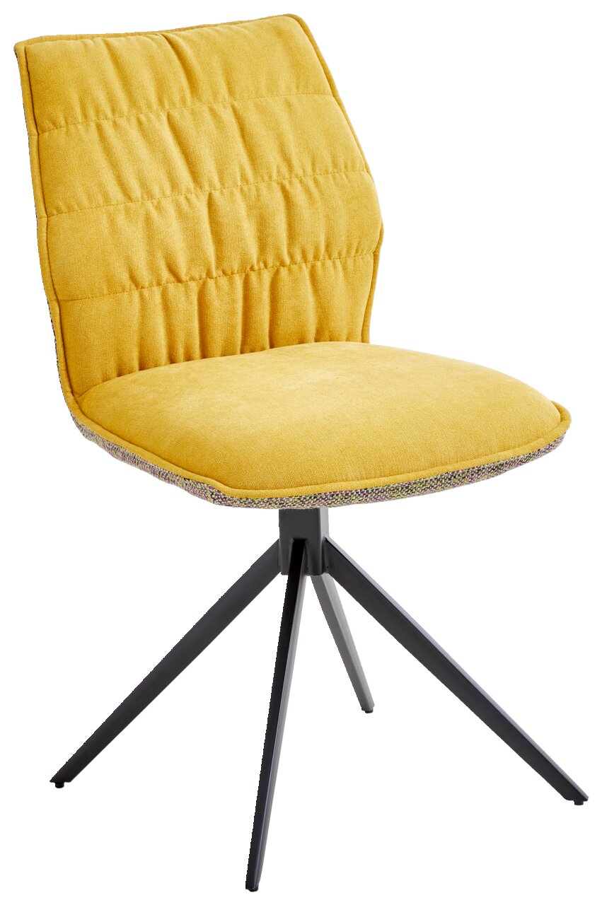 Gelber Stuhl der Serie HAPPY mit gepolsterter Sitzfläche und Rückenlehne, auf schwarzem Metallgestell, seitliche Perspektive.