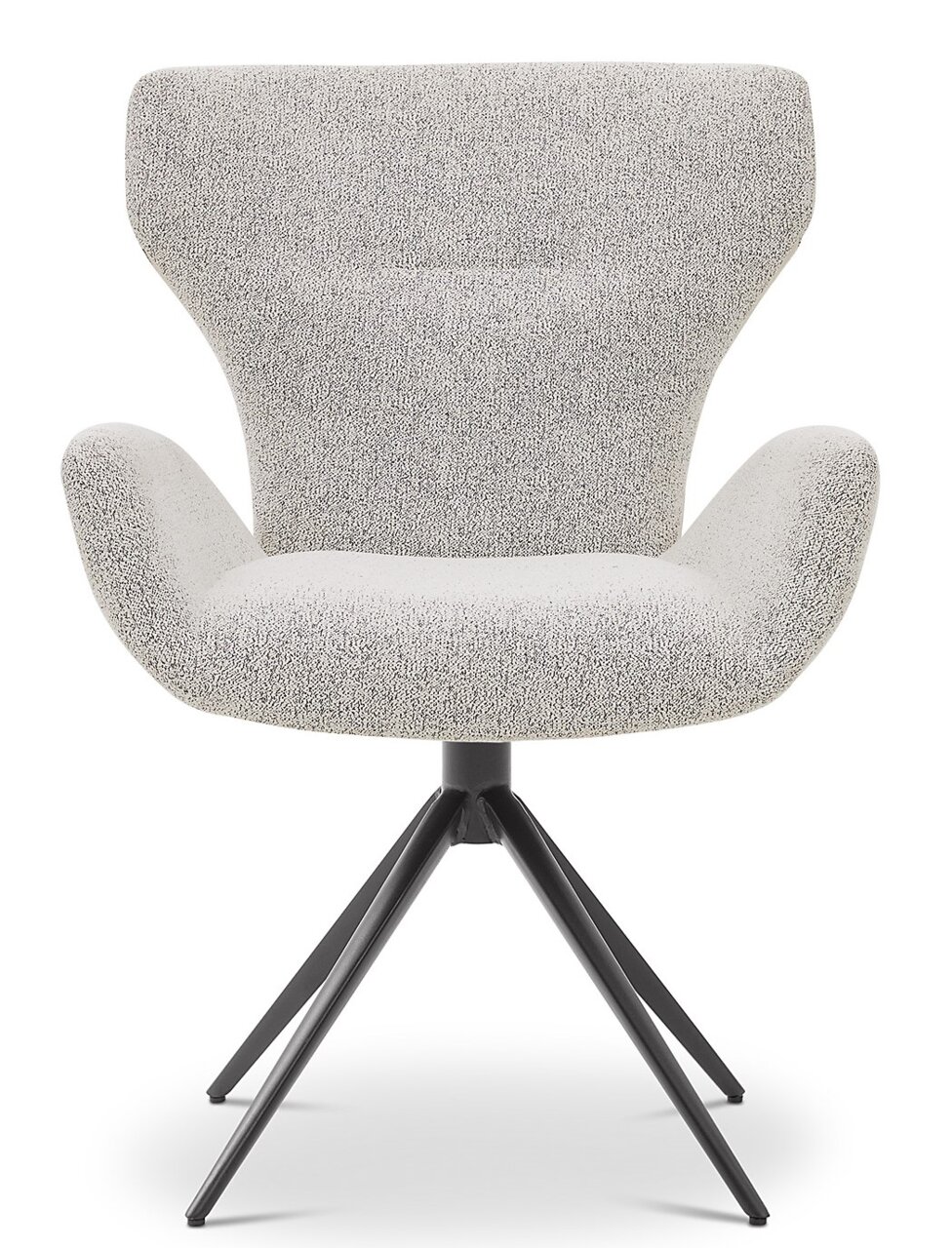 Moderne fauteuil met grijze stoffen bekleding en zwart metalen frame, vooraanzicht