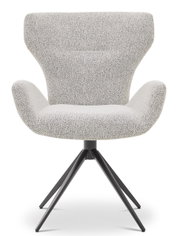 Moderne fauteuil met grijze stoffen bekleding en zwart metalen frame, vooraanzicht