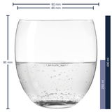 Trinkglas Cheers 400ml, seitliche Ansicht, gefüllt mit sprudelndem Wasser, Maße: 95 mm hoch, 90 mm Durchmesser oben, 80 mm Durchmesser unten.