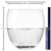 Trinkglas Cheers 400ml, seitliche Ansicht, gefüllt mit sprudelndem Wasser, Maße: 95 mm hoch, 90 mm Durchmesser oben, 80 mm Durchmesser unten.