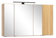 Moderner Badezimmer-Spiegelschrank mit Holzrahmen, drei Spiegeltüren und schwarzer LED-Aufsatzleuchte, Frontansicht