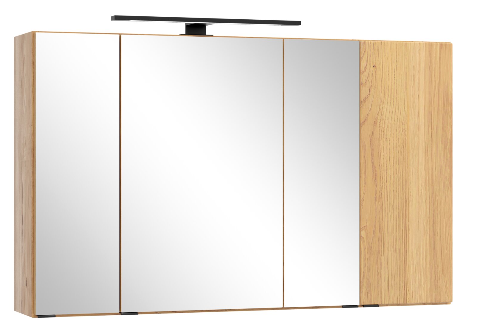 Moderner Badezimmer-Spiegelschrank mit Holzrahmen, drei Spiegeltüren und schwarzer LED-Aufsatzleuchte, Frontansicht