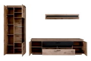 Wohnwand-Set in Holzoptik mit Hochschrank, Lowboard und Wandboard; Türen und Schublade geöffnet, Frontansicht