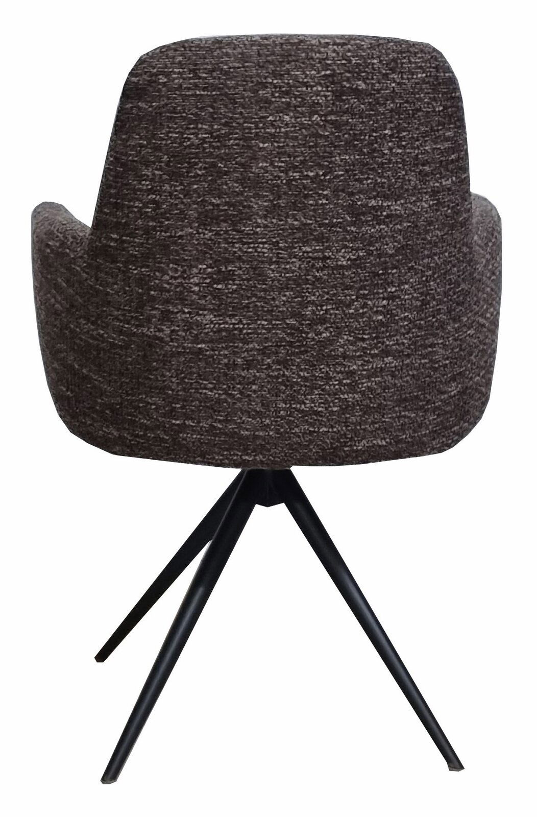 Rückansicht eines Armlehnstuhls mit dunkelgrauem Stoffbezug und schwarzem Metallgestell.