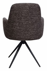 Rückansicht eines Armlehnstuhls mit dunkelgrauem Stoffbezug und schwarzem Metallgestell.