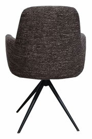 Rückansicht eines Armlehnstuhls mit dunkelgrauem Stoffbezug und schwarzem Metallgestell.