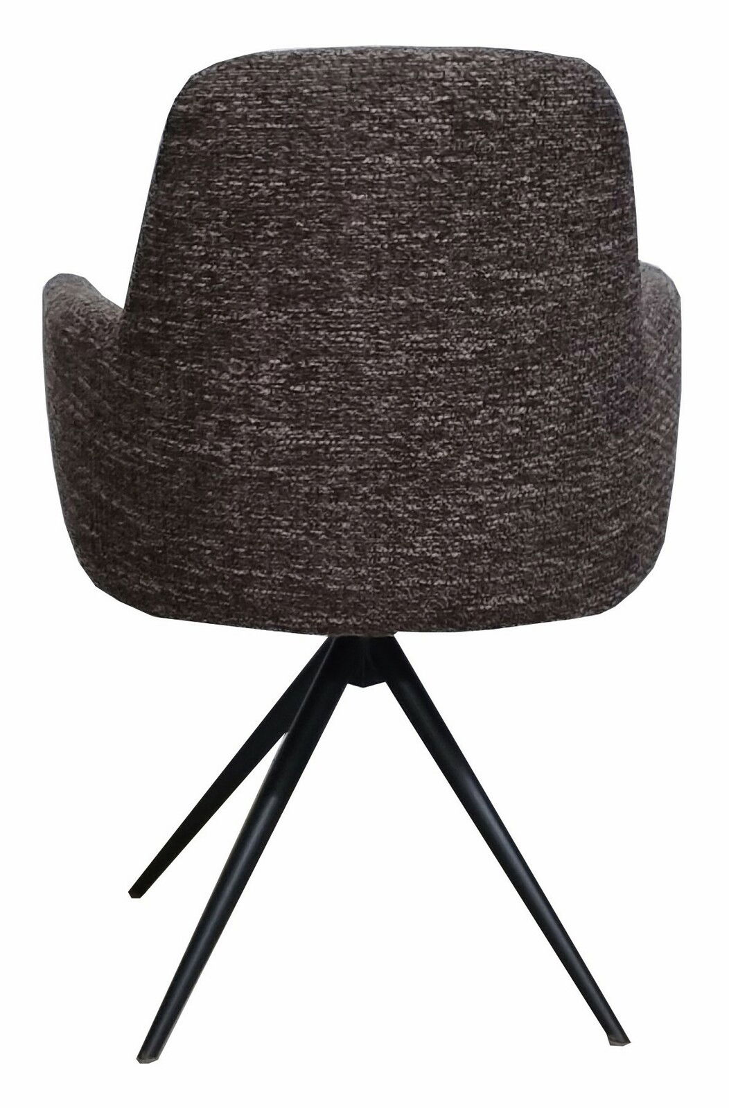 Rückansicht eines Armlehnstuhls mit dunkelgrauem Stoffbezug und schwarzem Metallgestell.