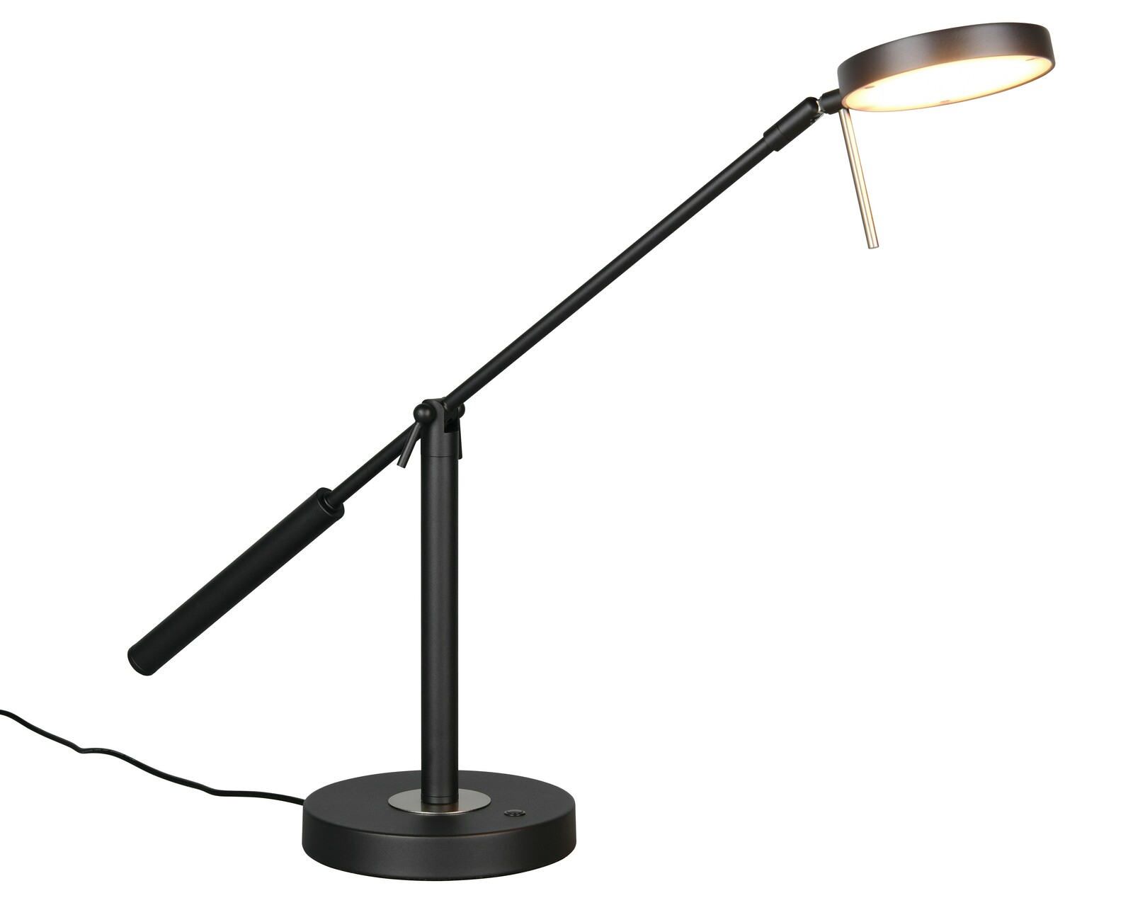 Moderne LED-Schreibtischleuchte in seitlicher Perspektive mit verstellbarem Arm und rundem Lampenkopf.