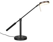 Moderne LED-Schreibtischleuchte in seitlicher Perspektive mit verstellbarem Arm und rundem Lampenkopf.