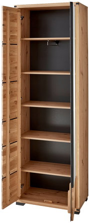 Offener Garderobenschrank aus Holz mit mehreren Regalböden, seitliche Perspektive