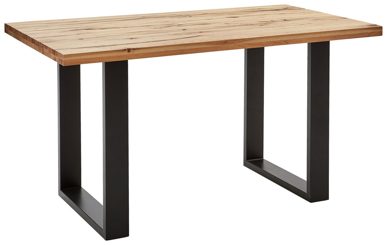 Moderner Tresentisch mit Holzplatte und schwarzen Metallbeinen, seitliche Perspektive