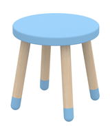 Blauer Hocker mit runder Sitzfläche und vier Holzbeinen, die blaue Enden haben. Perspektive von schräg oben.
