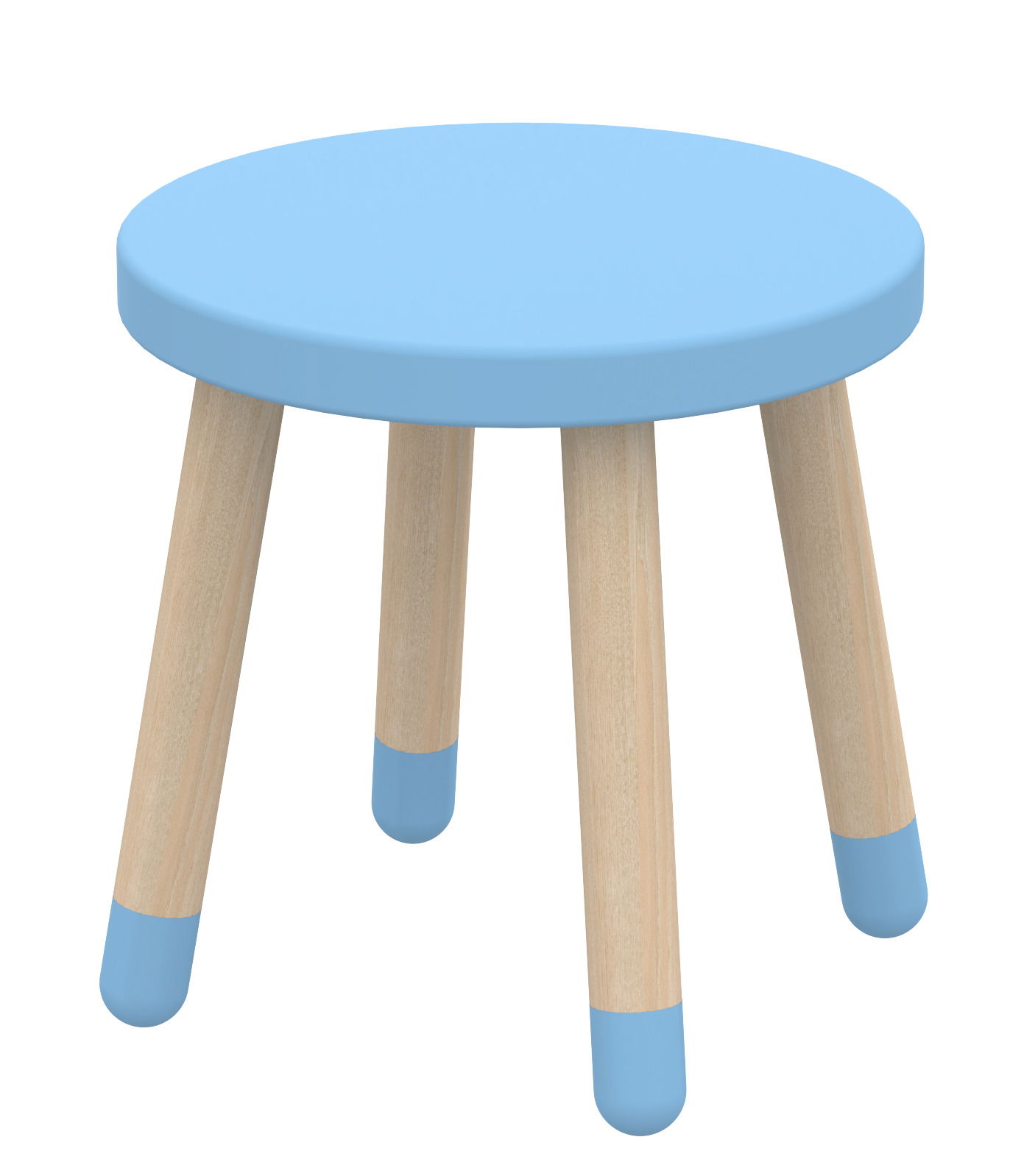 Blauer Hocker mit runder Sitzfläche und vier Holzbeinen, die blaue Enden haben. Perspektive von schräg oben.