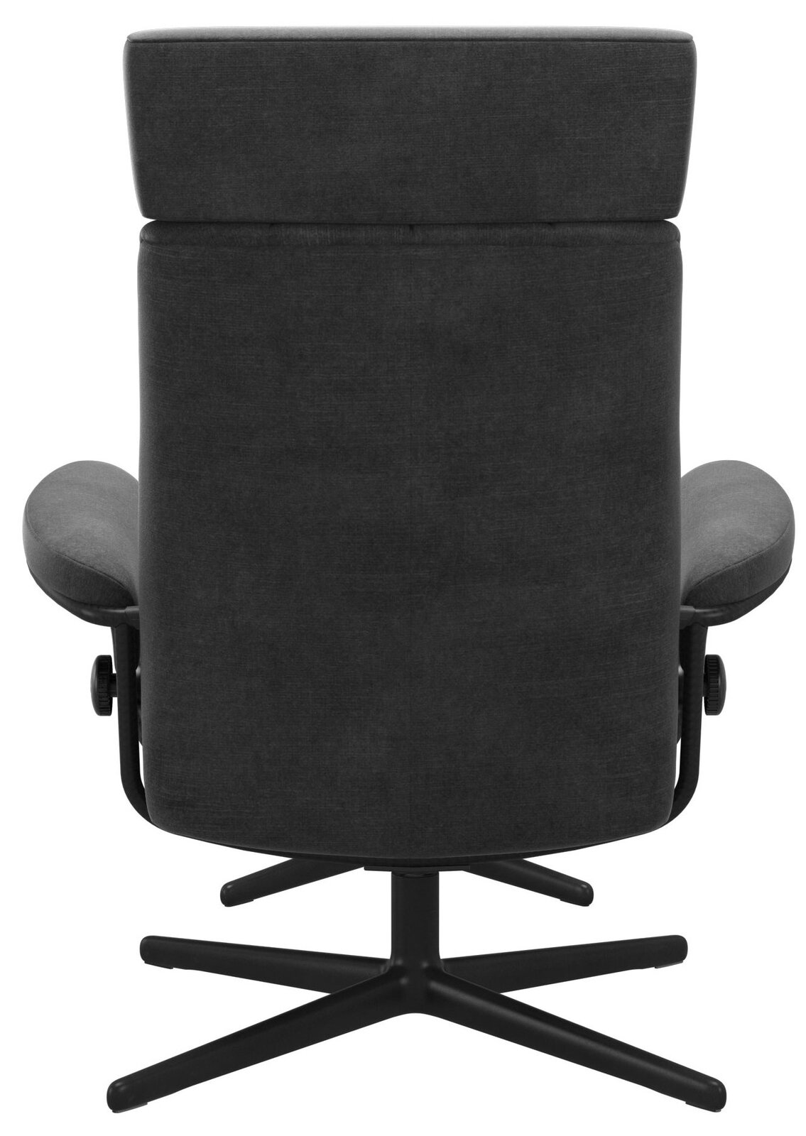 Rückansicht eines Einzelsessels mit Kopfstütze in dunklem Stoffbezug, auf einem schwarzen Drehfuß.