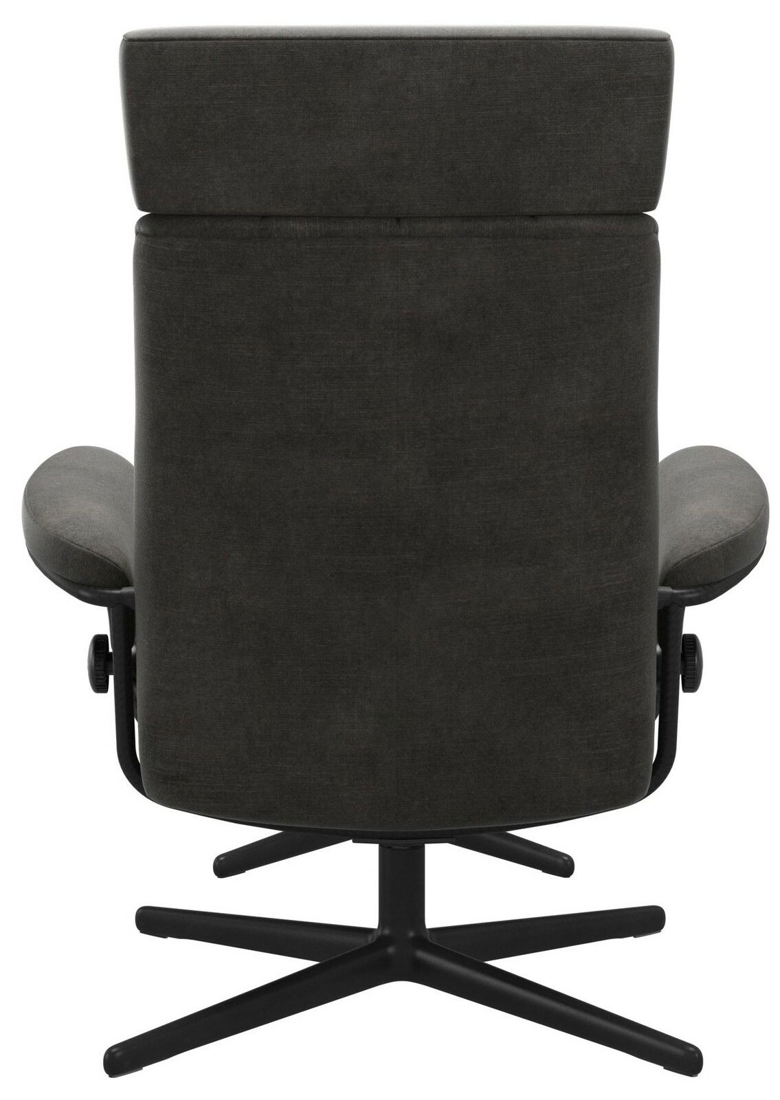 Rückansicht eines Einzelsessels mit Kopfstütze in dunklem Stoffbezug, auf einem schwarzen Drehfuß.