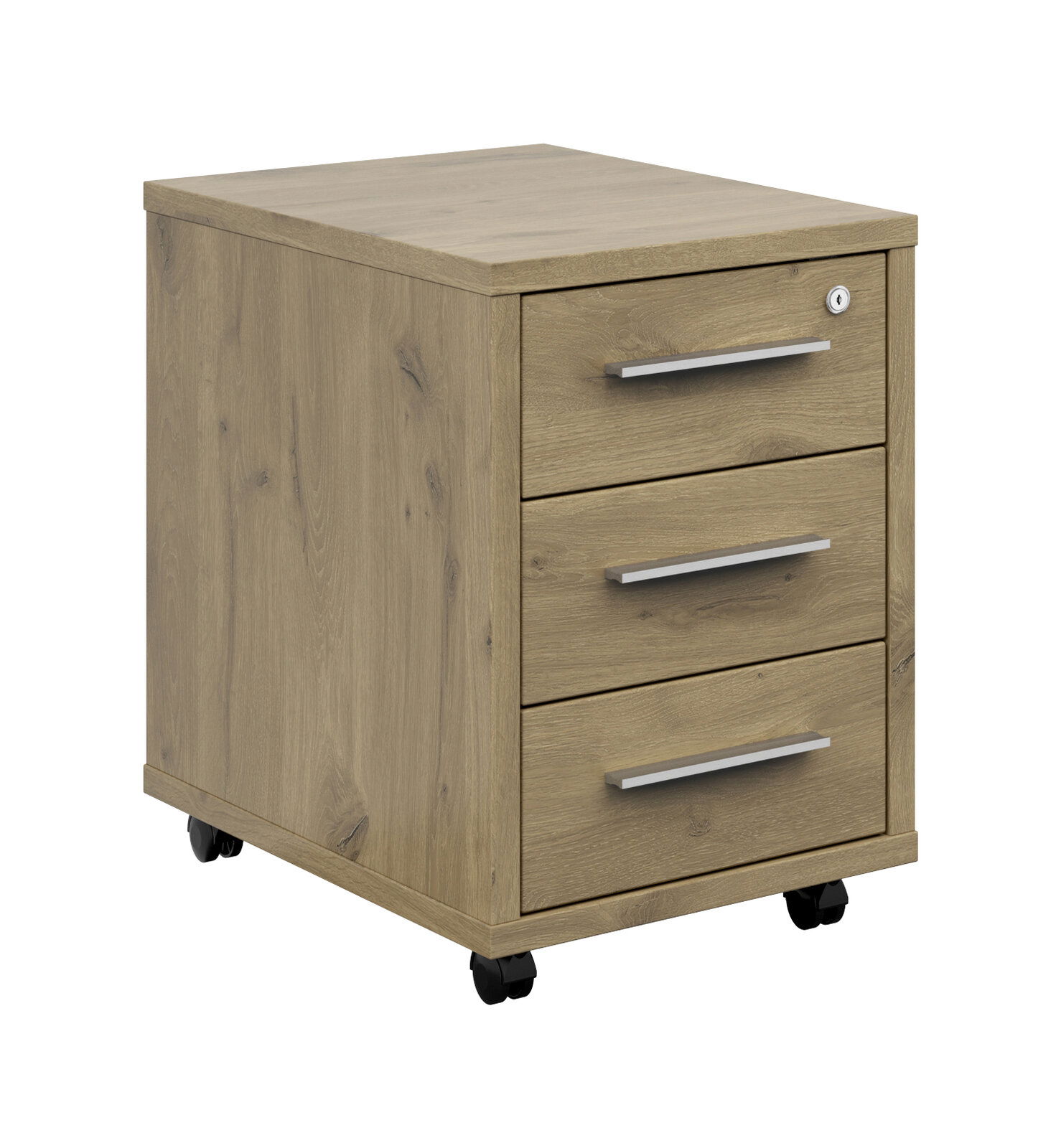 Voleo Rollcontainer CONNECT Rollcontainer aus Holz mit drei Schubladen und Rollen, seitliche Perspektive