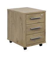 Rollcontainer aus Holz mit drei Schubladen und Rollen, seitliche Perspektive