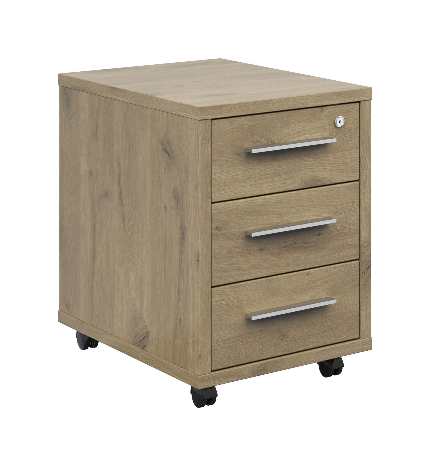 Voleo Rollcontainer CONNECT Rollcontainer aus Holz mit drei Schubladen und Rollen, seitliche Perspektive