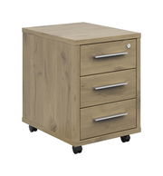 Rollcontainer aus Holz mit drei Schubladen und Rollen, seitliche Perspektive