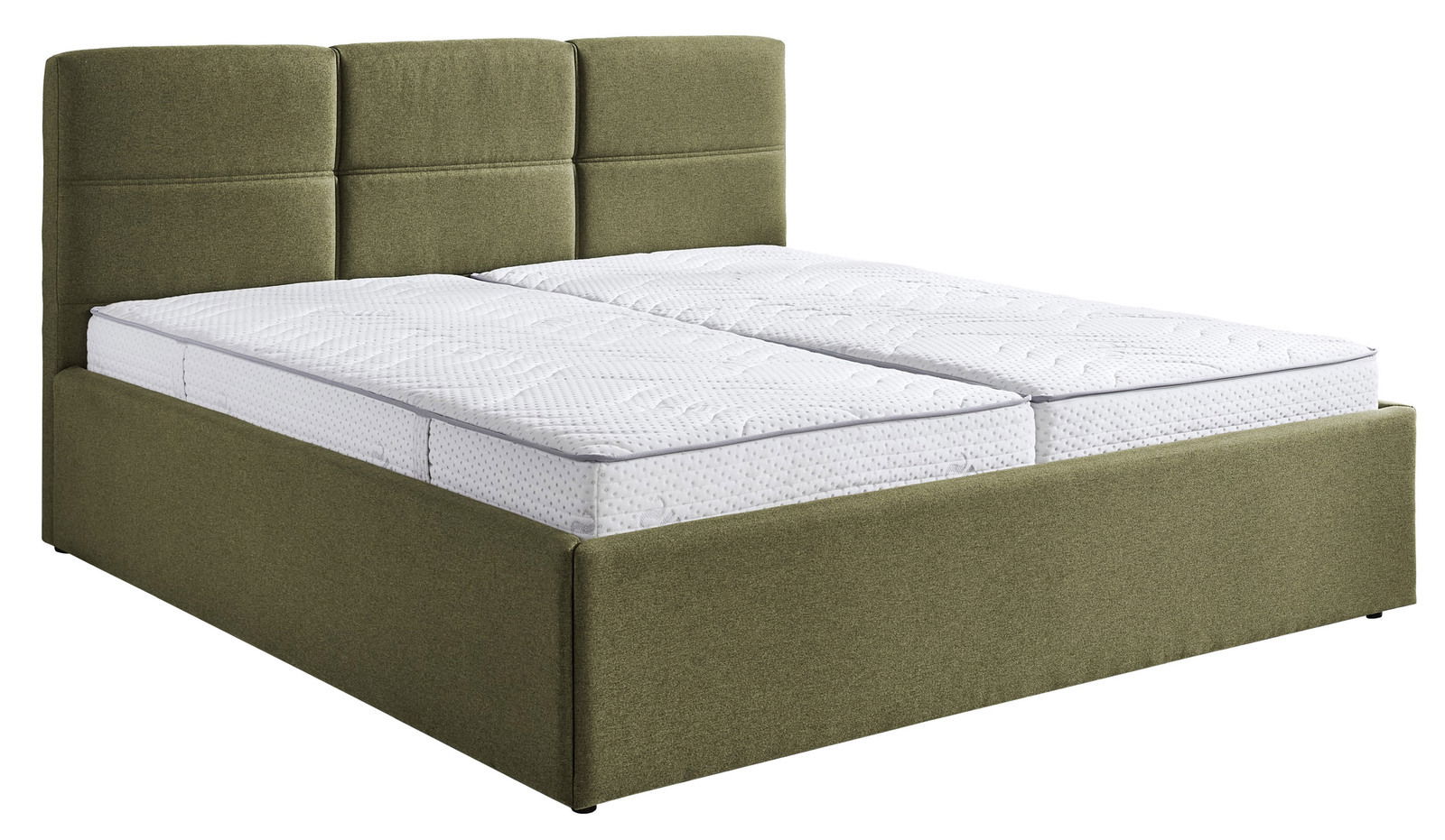 Grünes Polsterbett 180x200 mit hohem Kopfteil, seitliche Perspektive