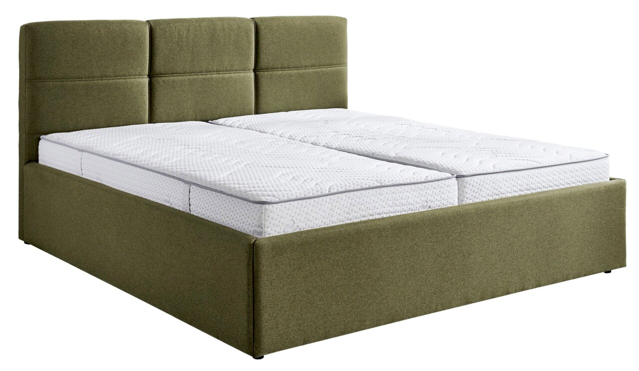 Grünes Polsterbett 180x200 mit hohem Kopfteil, seitliche Perspektive