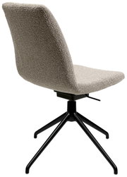 Moderne stoel met grijze stoffen bekleding en zwart metalen frame, achteraanzicht