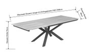 Ausziehbarer Esstisch mit hellgrauer Holzoptik-Tischplatte und schwarzem X-förmigem Metallgestell, Maße ca. 76 cm Höhe, 90 cm Breite und 160–240 cm Länge, schräg von vorne in Perspektive gezeigt.