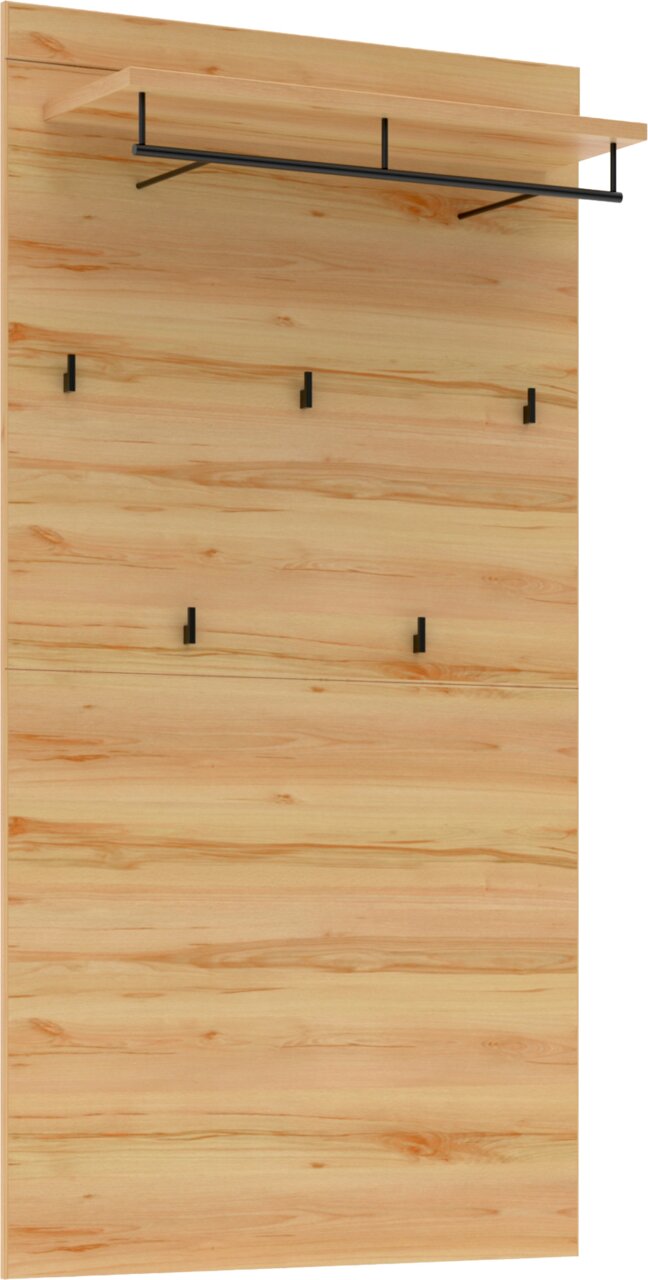 XORA Breed garderobepaneel OHIO Wandgarderobe aus hellem Holz mit Ablage und schwarzer Kleiderstange sowie fünf Haken, frontal leicht von links fotografiert