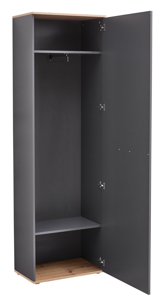 Offener Hochschrank in dunklem Grau mit Holzboden und -deckel, von vorne betrachtet.