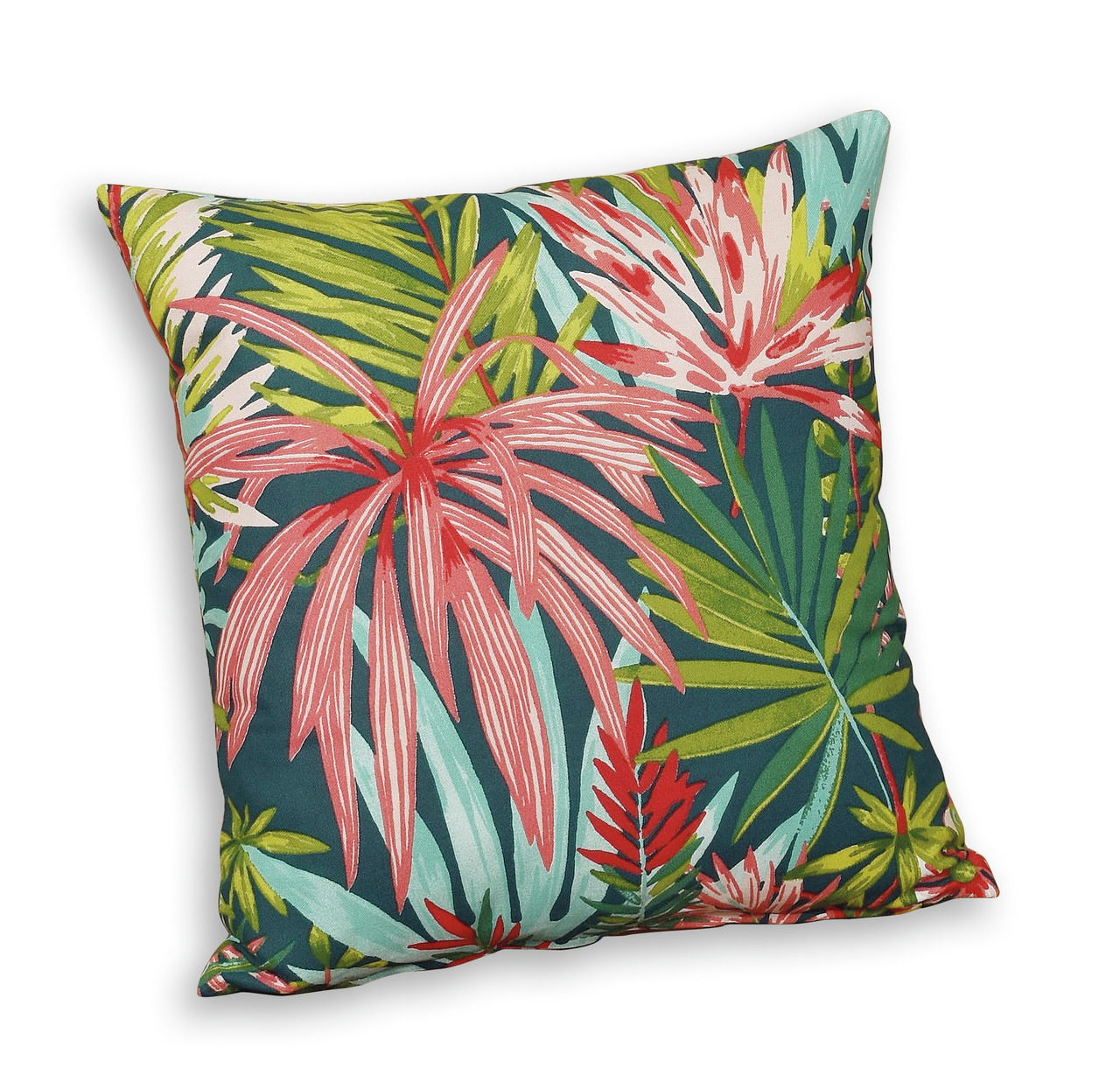 Schwienhorst Dekokissen HAWAII Dekokissen mit tropischem Blumenmuster in Rot, Grün und Blau, schräg von vorne fotografiert.