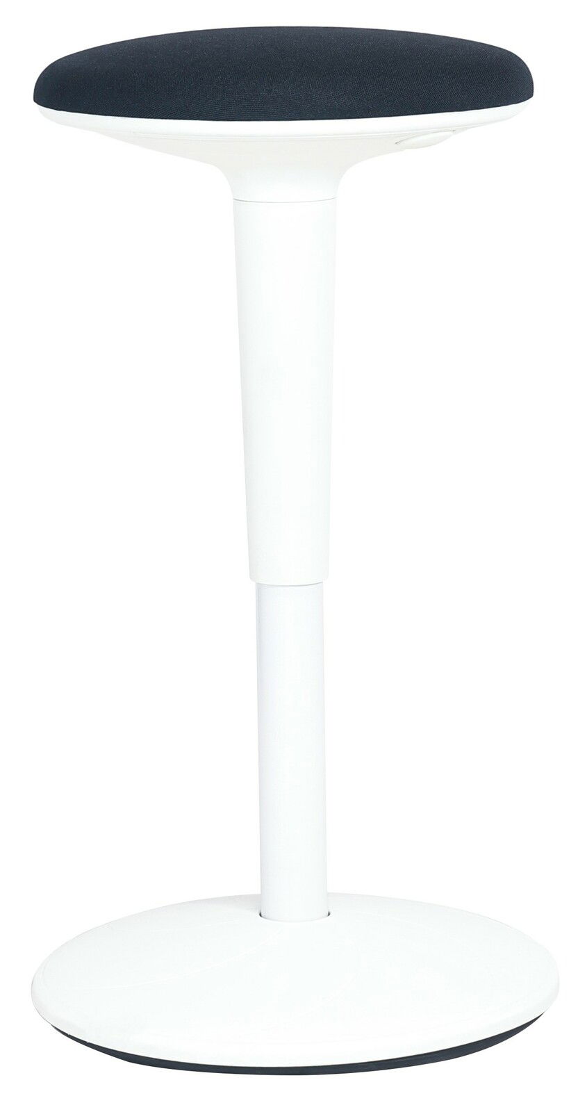 Moderner Sitzhocker mit schwarzem Sitzpolster und weißem Gestell, seitliche Perspektive