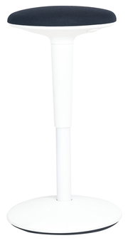 Moderner Sitzhocker mit schwarzem Sitzpolster und weißem Gestell, seitliche Perspektive