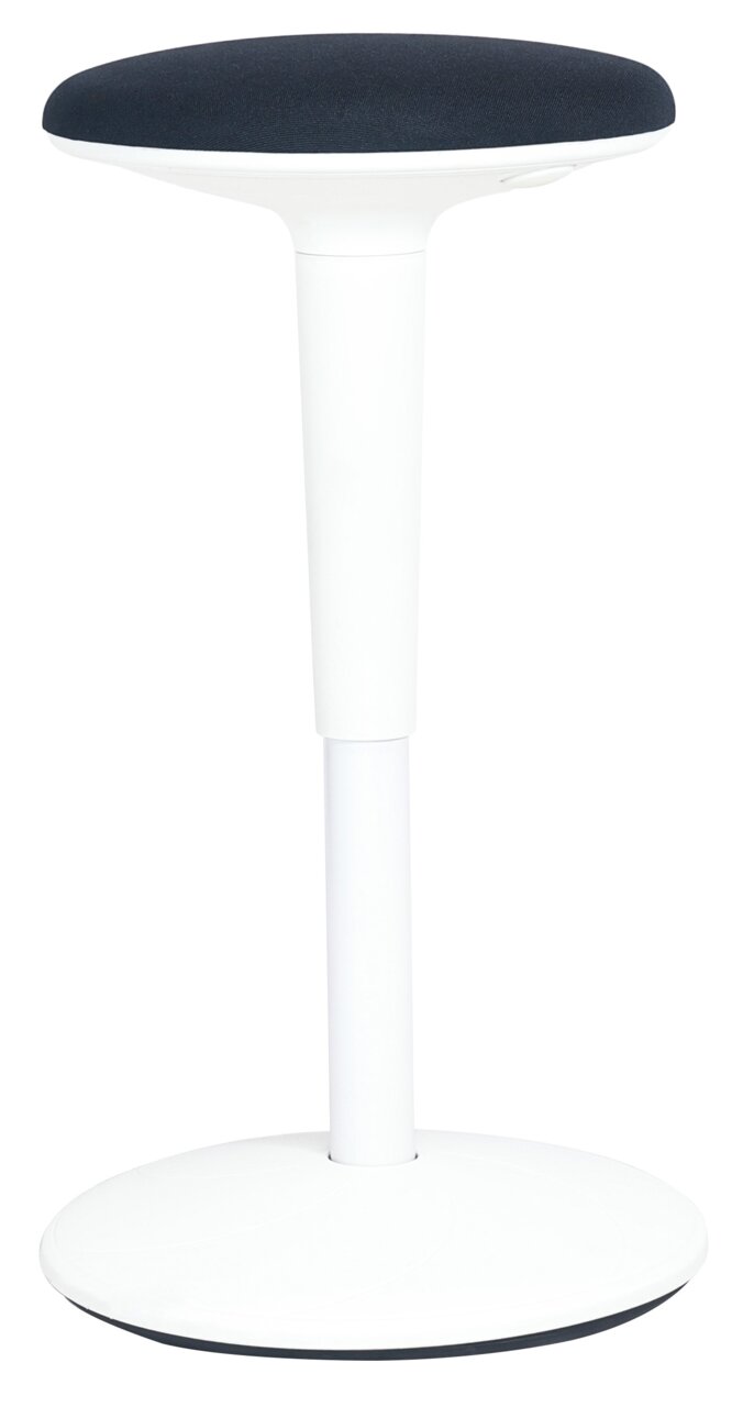 Moderner Sitzhocker mit schwarzem Sitzpolster und weißem Gestell, seitliche Perspektive