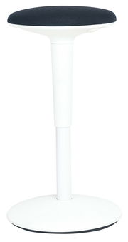 Moderner Sitzhocker mit schwarzem Sitzpolster und weißem Gestell, seitliche Perspektive