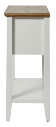 Beistelltisch mit weißem Gestell und Holzplatte, Frontalansicht