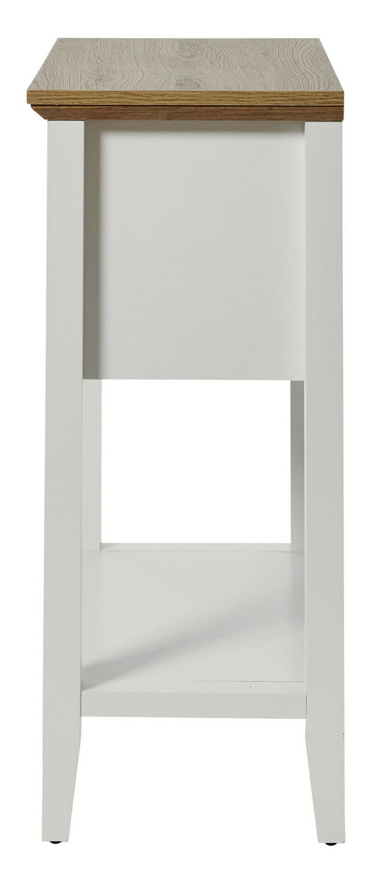 Beistelltisch mit weißem Gestell und Holzplatte, Frontalansicht