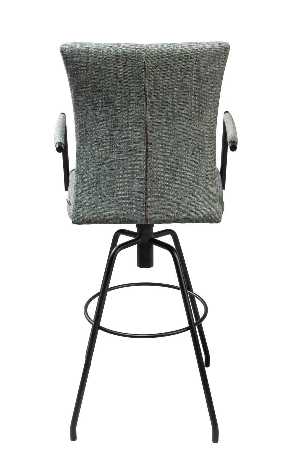 Rückansicht eines Barhockers mit gepolsterter Rückenlehne und Armlehnen, schwarzem Metallgestell und Fußstütze.
