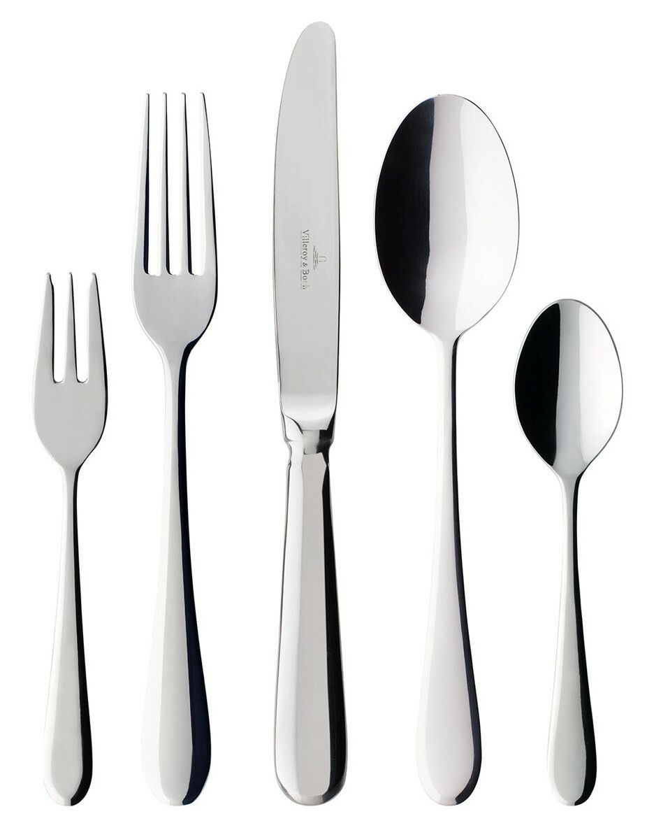 Set aus poliertem Edelstahlbesteck, bestehend aus Gabel, Messer, Löffel, Kuchengabel und Teelöffel, frontal angeordnet.