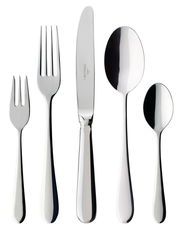 Set aus poliertem Edelstahlbesteck, bestehend aus Gabel, Messer, Löffel, Kuchengabel und Teelöffel, frontal angeordnet.