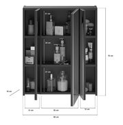 Schwarzer Badezimmerschrank mit drei Türen, gefüllt mit Pflegeprodukten, aus der Frontansicht. Maße: 70 cm hoch, 60 cm breit, 18 cm tief.