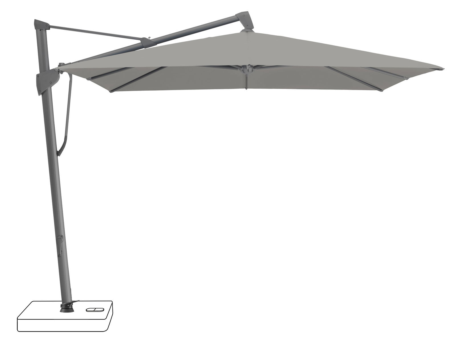 Seitenansicht eines grauen Ampelschirms mit stabilem Standfuß und verstellbarem Arm.