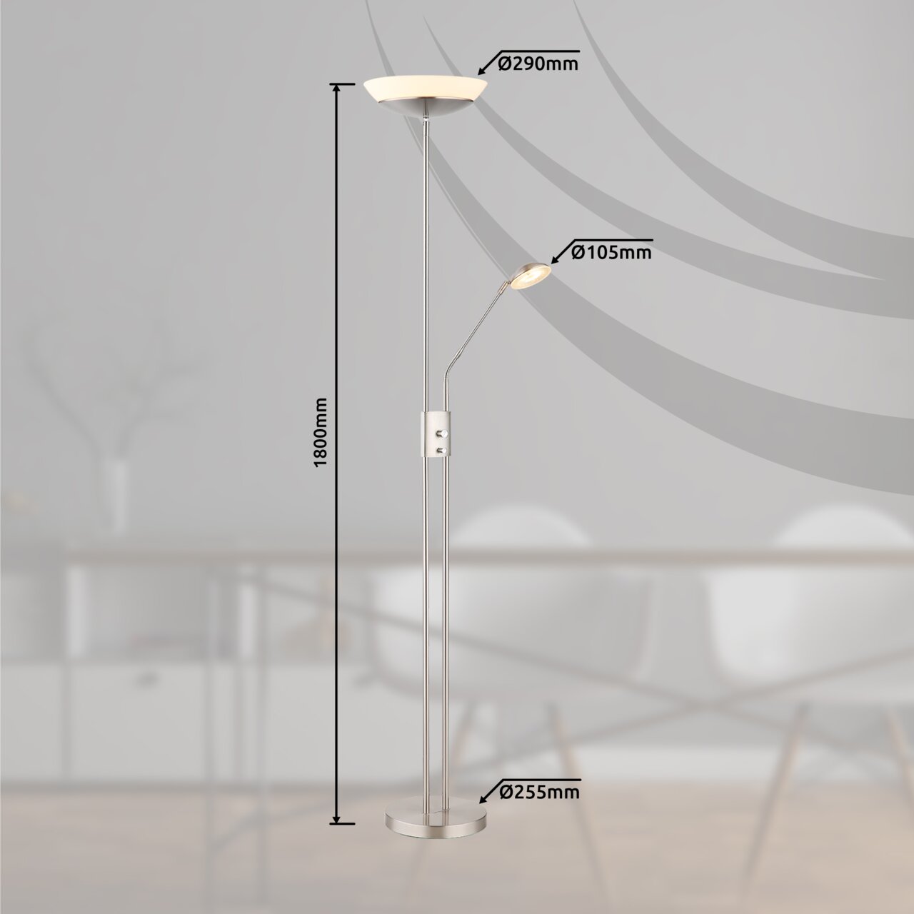 Moderner Deckenfluter mit Leselampe, silberfarben, Höhe 1800mm, Ansicht von der Seite